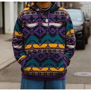 WeSC Mens Aztec Geometric Hoodie Purple Teal Southwest Tribal Fleece Pullover M